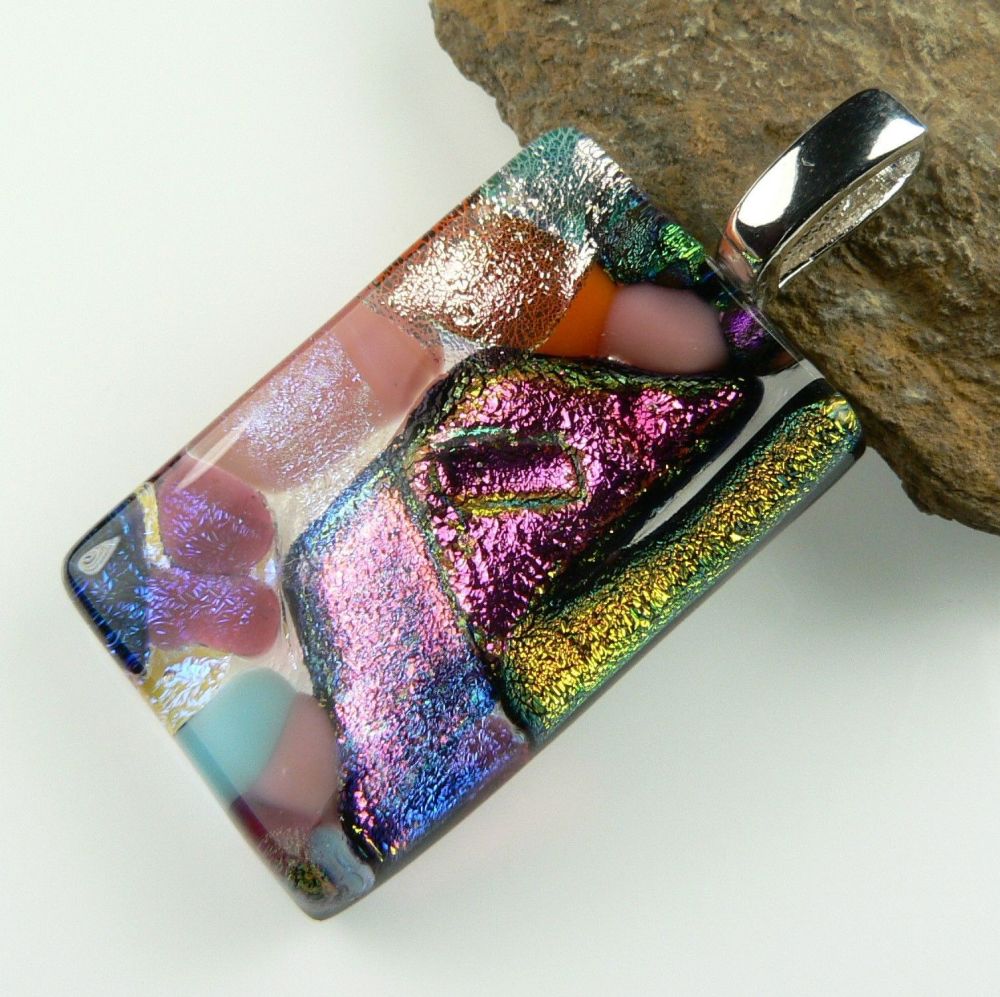 4.2cm multi-coloured Dichroic glass pendant, with leather cord & gift box (#8818)