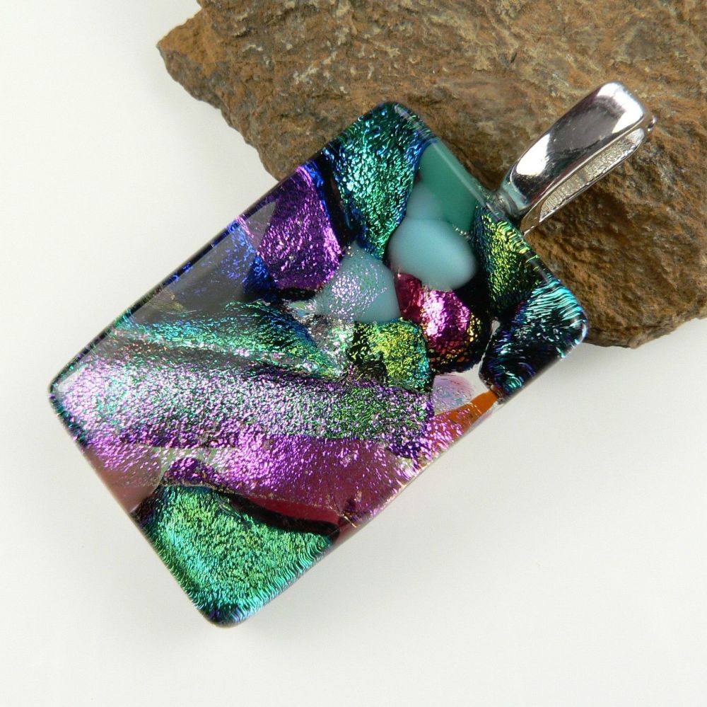 4.2cm multi-coloured Dichroic glass pendant, with leather cord & gift box (#8838)