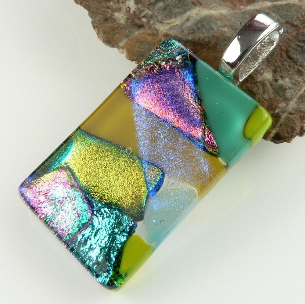 4.2cm multi-coloured Dichroic glass pendant, with leather cord & gift box (#8847)