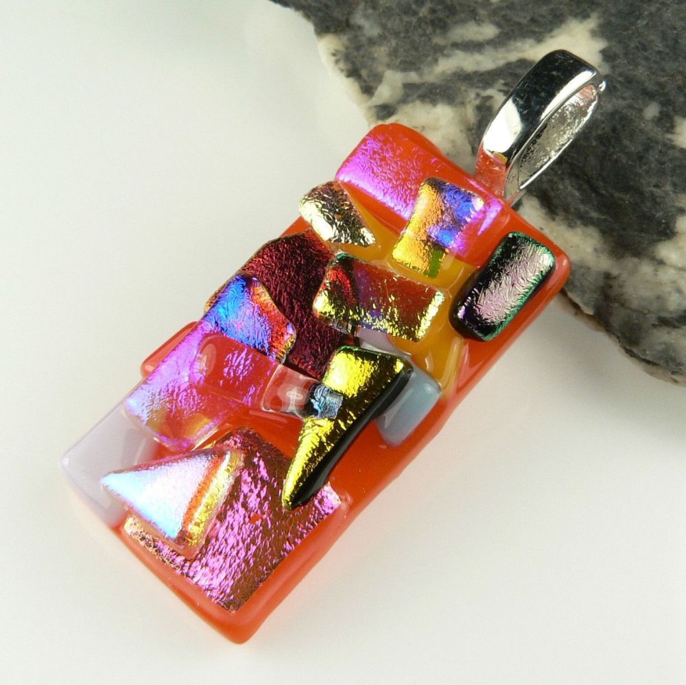 4.5cm multi-coloured textured dichroic glass pendant, with leather cord & gift box (#30038)