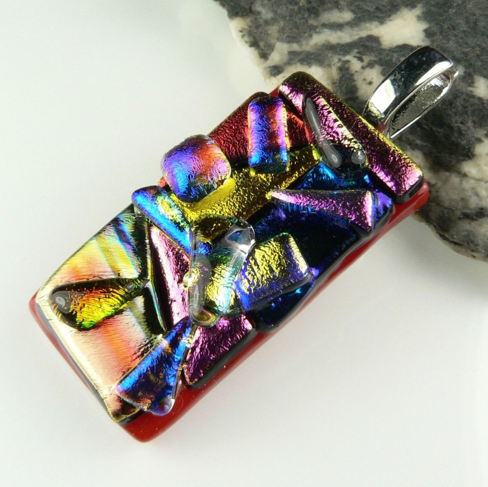 4.7cm multi-coloured textured dichroic glass pendant, with leather cord & gift box (#30050)