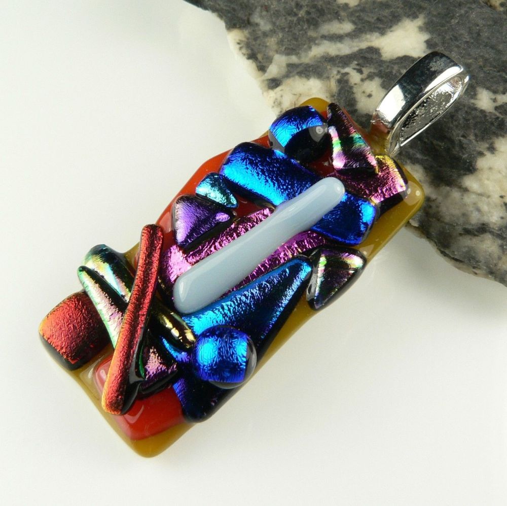 4.7cm multi-coloured textured dichroic glass pendant, with leather cord & gift box (#30257)