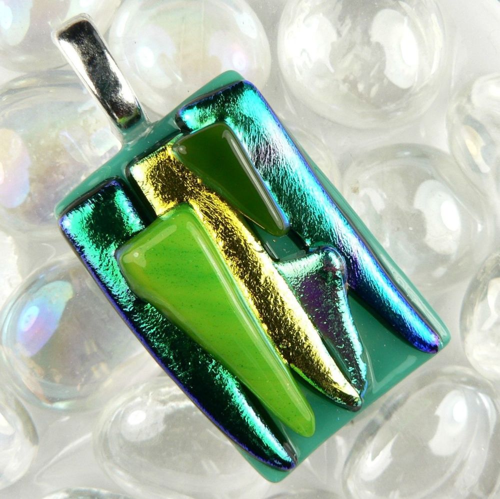 4.2cm green textured Dichroic glass pendant, with leather cord & gift box (#20753)