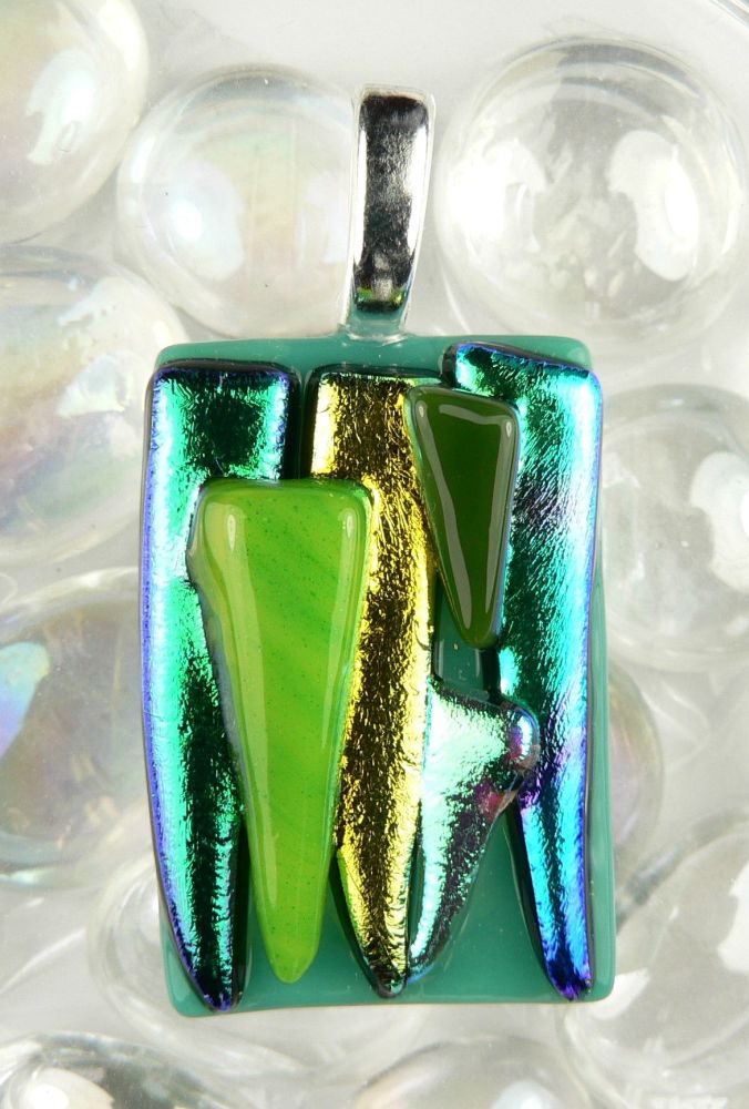 4.2cm green textured Dichroic glass pendant, with leather cord & gift box (#20753)