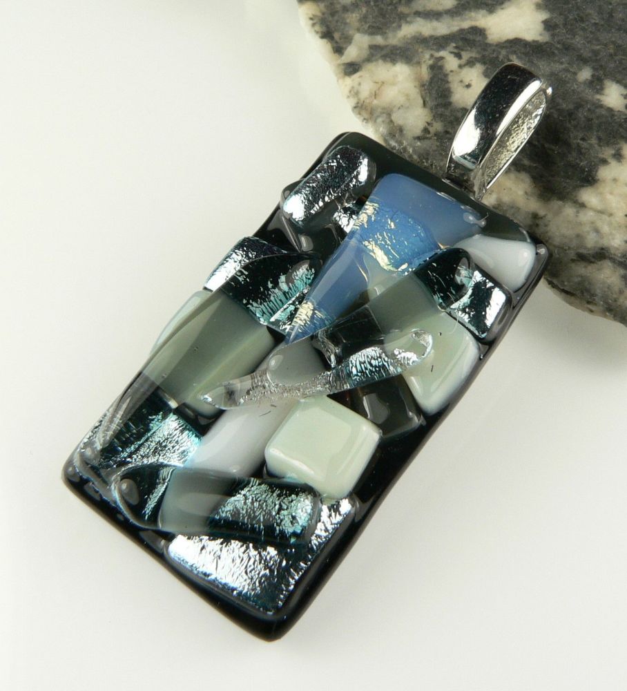 4.6cm monochrome textured dichroic glass pendant, with leather cord & gift box (#30334)