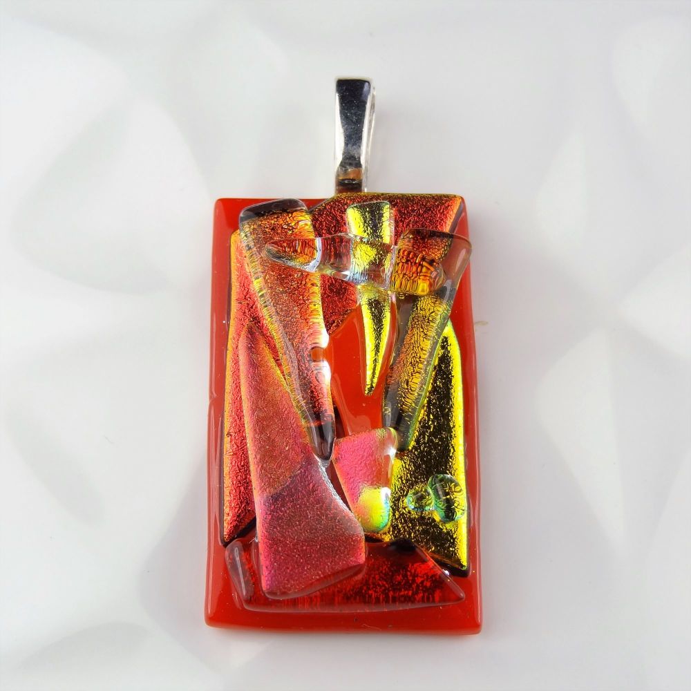 4.8cm red textured Dichroic glass pendant, with leather cord & gift box (#30136)