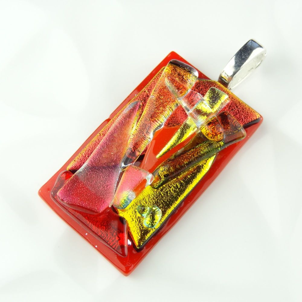 4.8cm red textured Dichroic glass pendant, with leather cord & gift box (#30136)