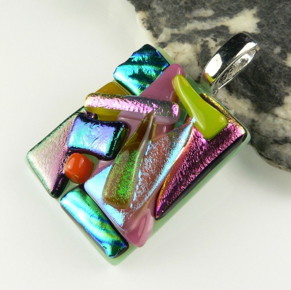 3.9cm multi-coloured textured dichroic glass pendant, with leather cord