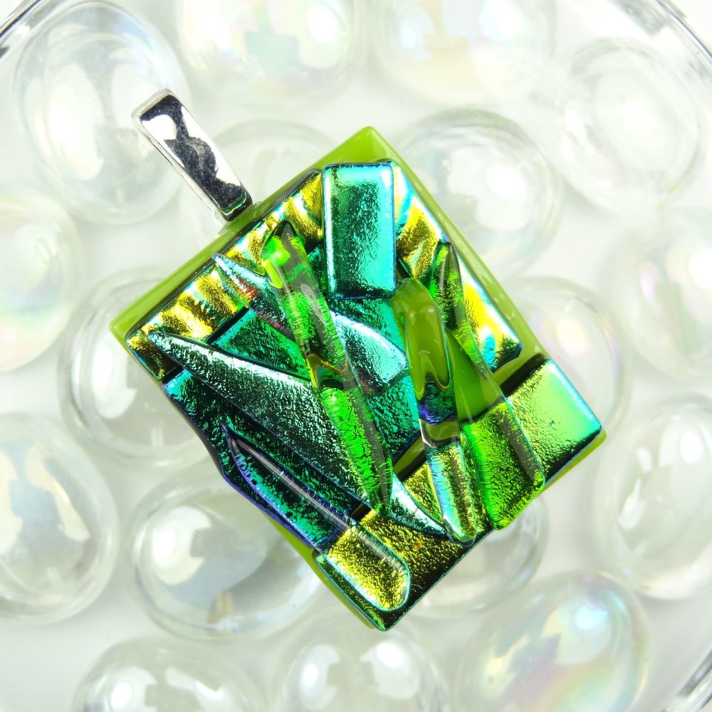 handcrafted 4.1cm green textured Dichroic glass pendant