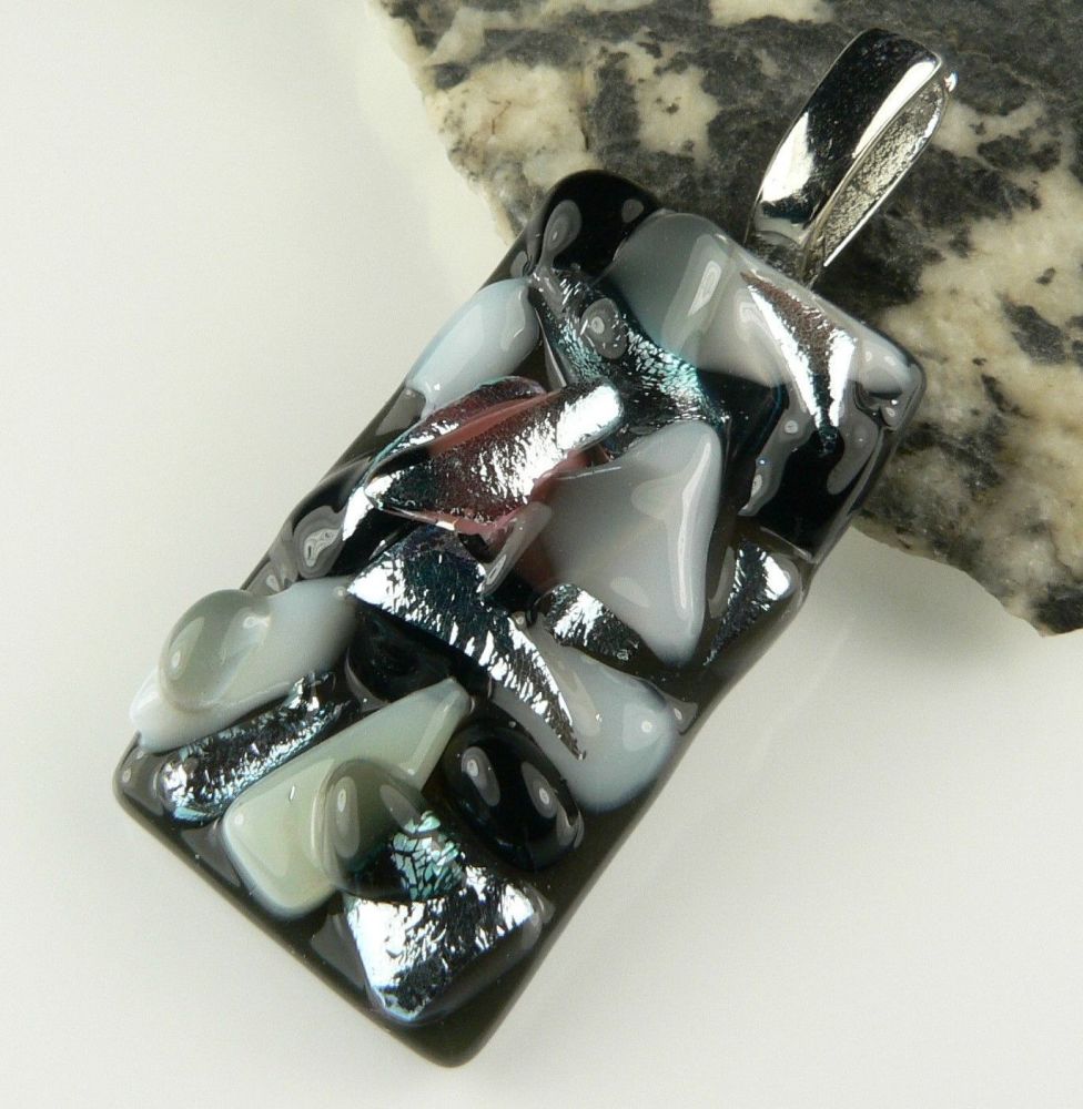 4.3cm monochrome textured dichroic glass pendant, with leather cord & gift box (#30333)