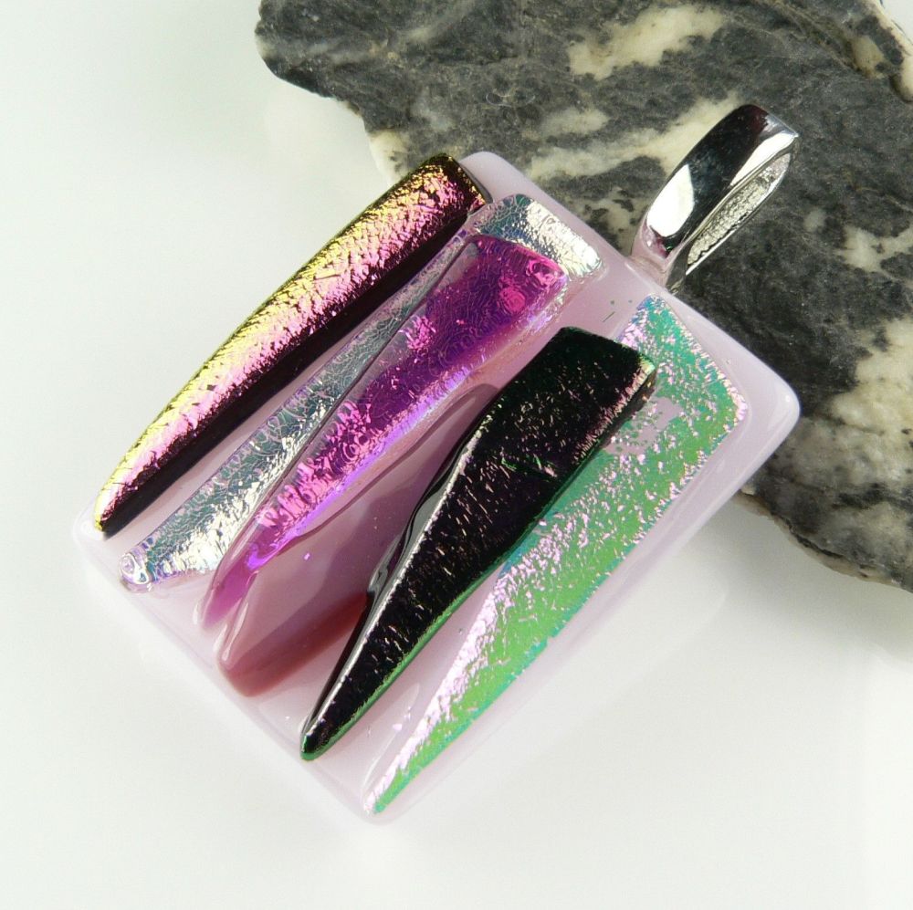 4.1cm pink textured Dichroic glass pendant, with leather cord & gift box (#30167)