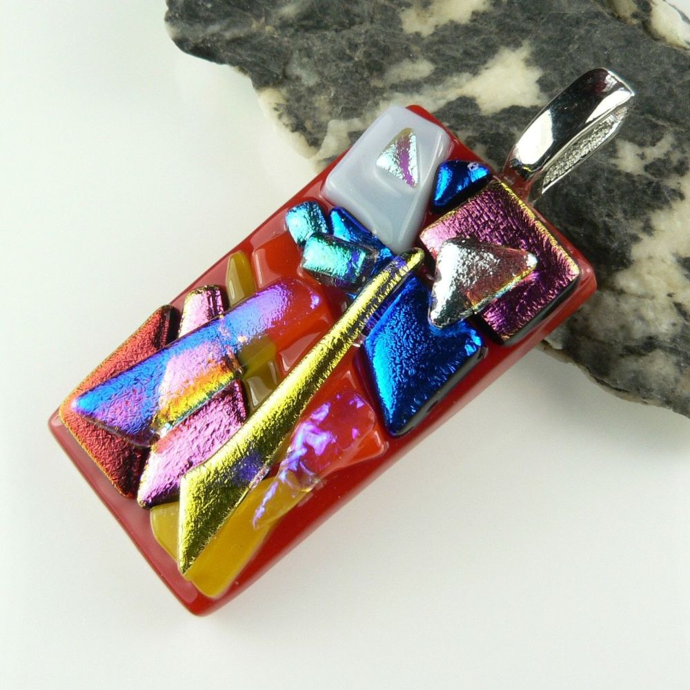 4.7cm multi-coloured textured dichroic glass pendant, with leather cord & gift box (#30391)