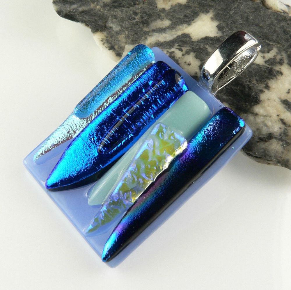 4cm blue textured Dichroic glass pendant, with leather cord & gift box (#30058)