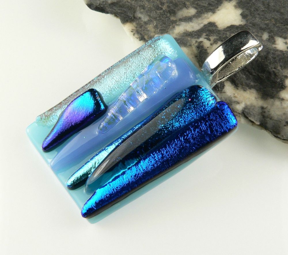 4.1cm blue textured Dichroic glass pendant, with leather cord & gift box (#30235)