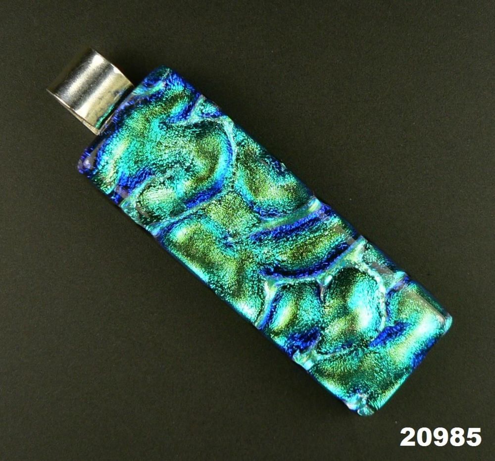 4.6cm green & blue sterling silver Dichroic glass pendant, with leather cord & gift box (#20985)