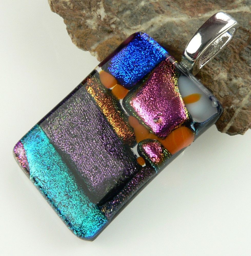 4.1cm multi-coloured Dichroic glass pendant, with leather cord & gift box (#8935)