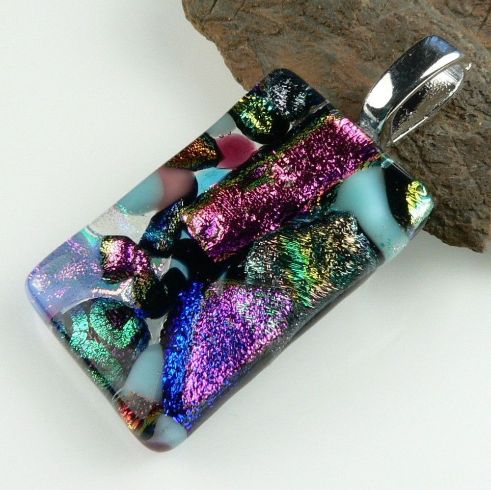 4.2cm multi-coloured Dichroic glass pendant, with leather cord & gift box (#8953)