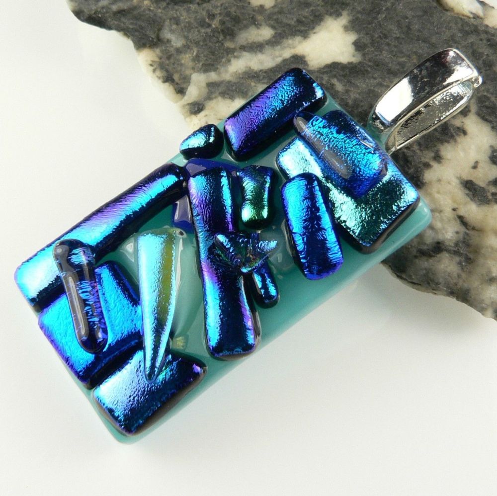 4.5cm blue textured Dichroic glass pendant, with leather cord