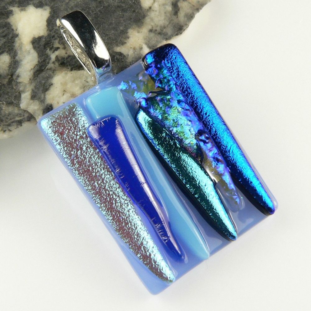 4cm blue textured Dichroic glass pendant, with leather cord & gift box (#30413)