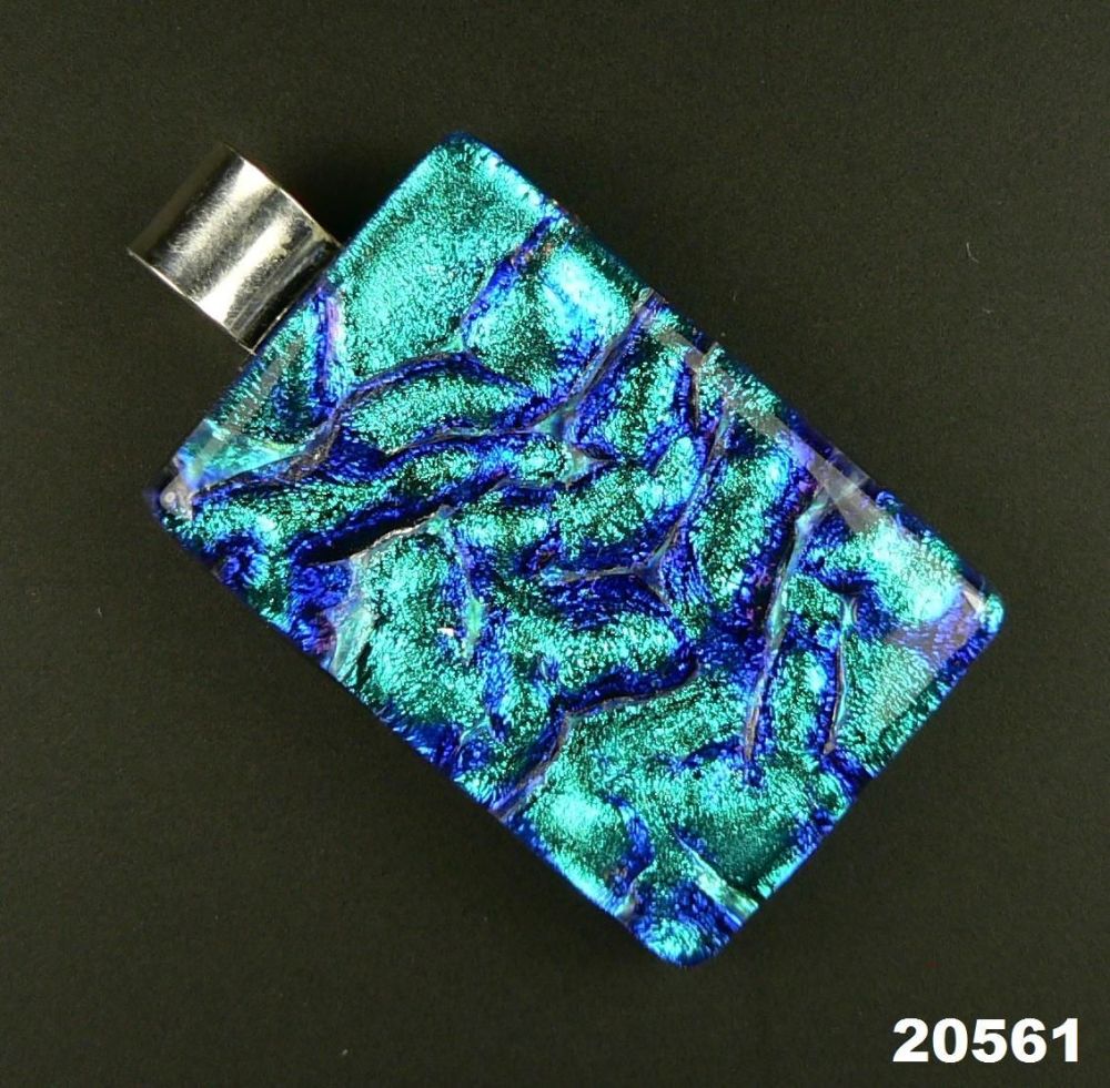 3.8cm green & blue sterling silver Dichroic glass pendant, with leather cord & gift box (#20561)