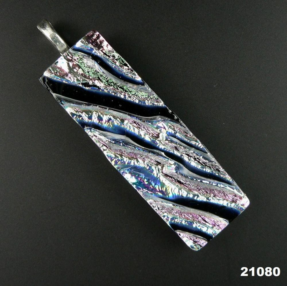 5.6cm dark blue and silver Dichroic glass pendant, with leather cord & gift box (#21080)