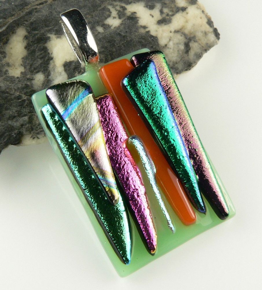 4.4cm multi-coloured textured dichroic glass pendant, with leather cord & gift box (#30401)