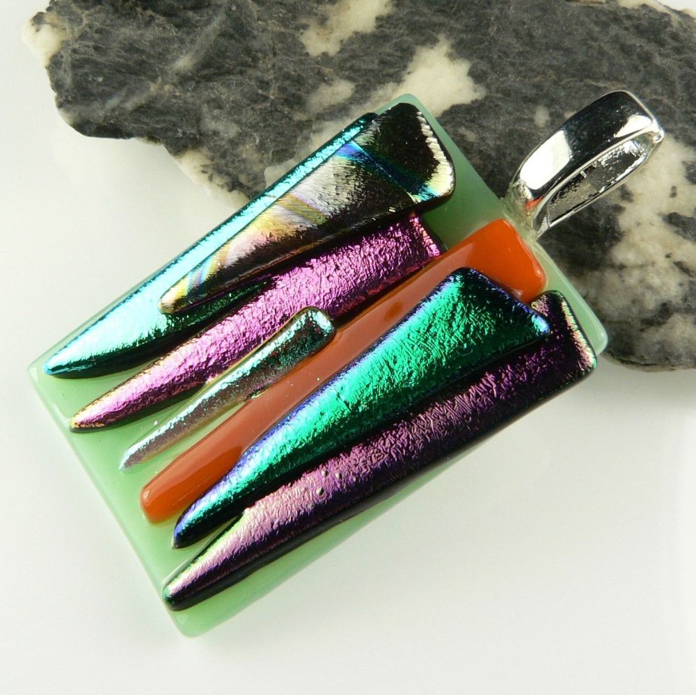 4.4cm multi-coloured textured dichroic glass pendant, with leather cord & gift box (#30401)