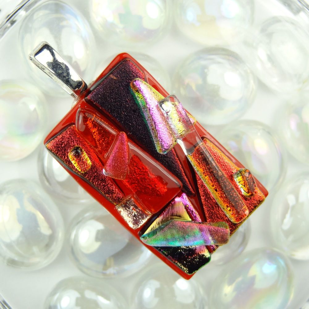 4.6cm red textured Dichroic glass pendant, with leather cord & gift box (#30501)