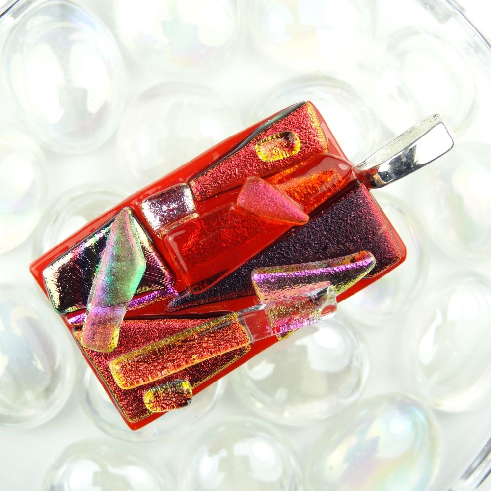 4.6cm red textured Dichroic glass pendant, with leather cord & gift box (#30501)