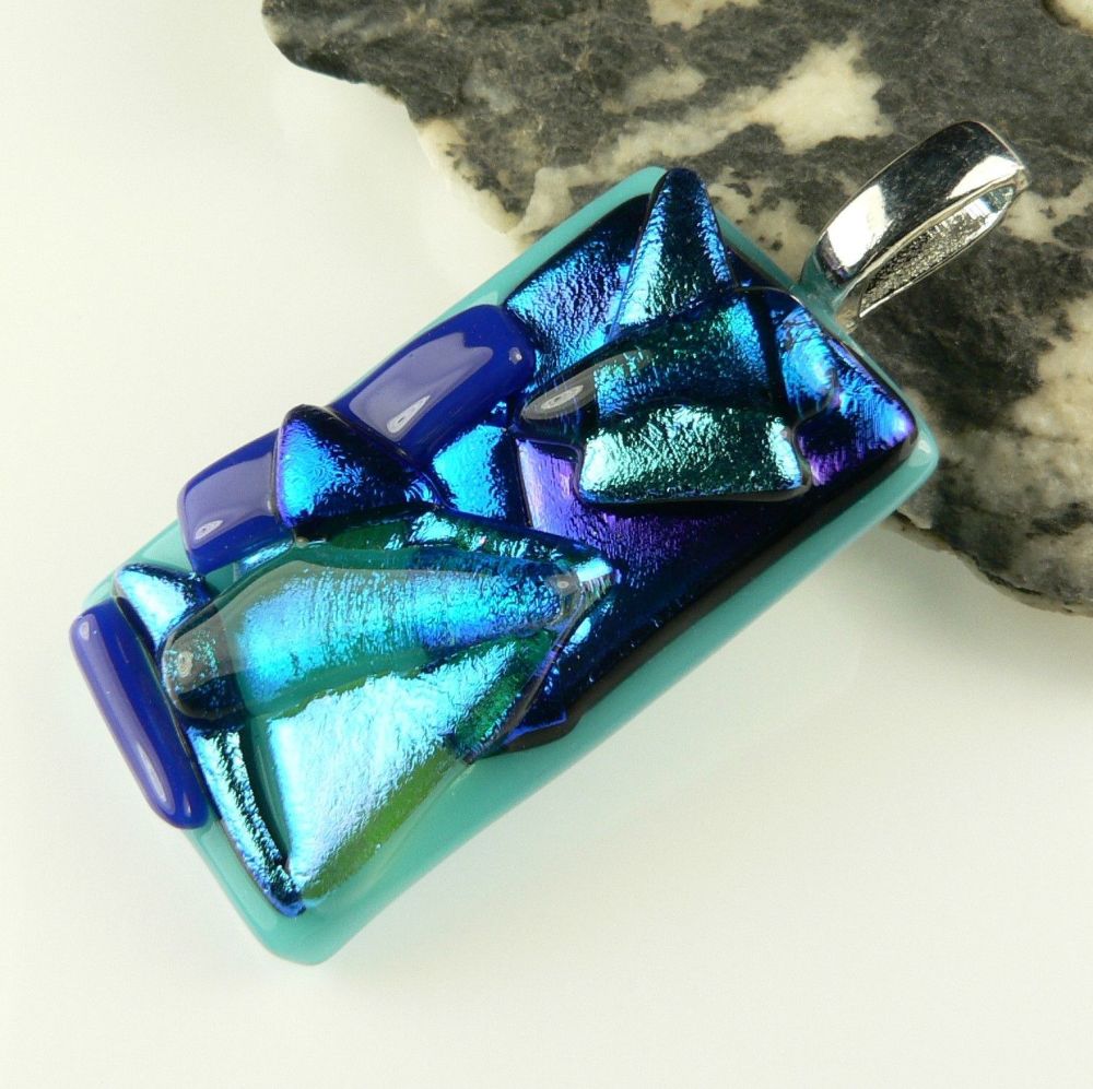 4.6cm blue textured Dichroic glass pendant, with leather cord