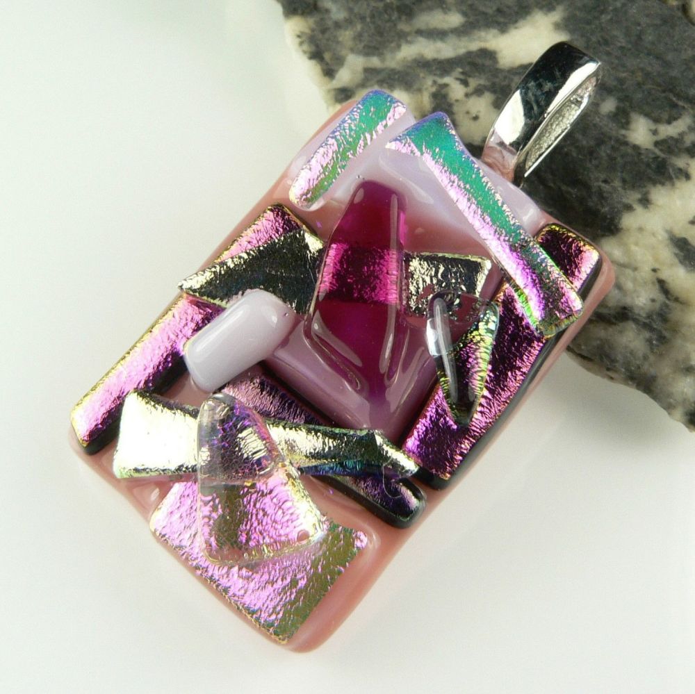 4.3cm pink textured Dichroic glass pendant, with leather cord