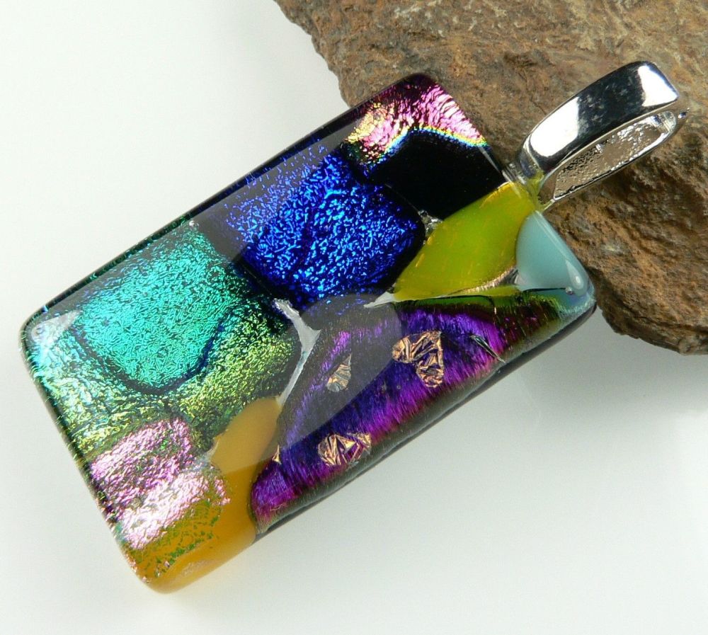 4.2cm multi-coloured Dichroic glass pendant, with leather cord & gift box (#8964)