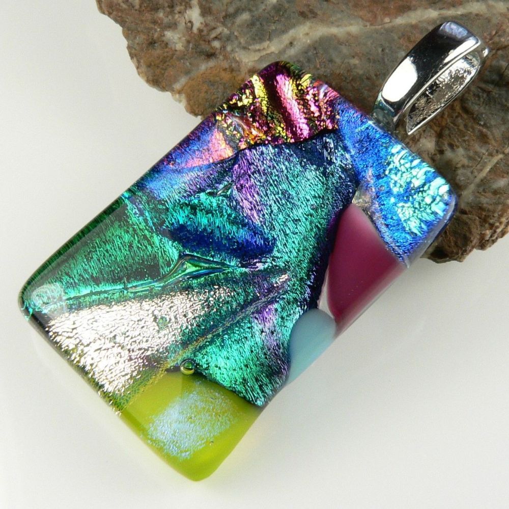 4.2cm multi-coloured Dichroic glass pendant, with leather cord & gift box (#8987)