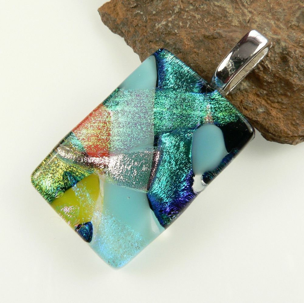 4.1cm multi-coloured Dichroic glass pendant, with leather cord & gift box (#8995)