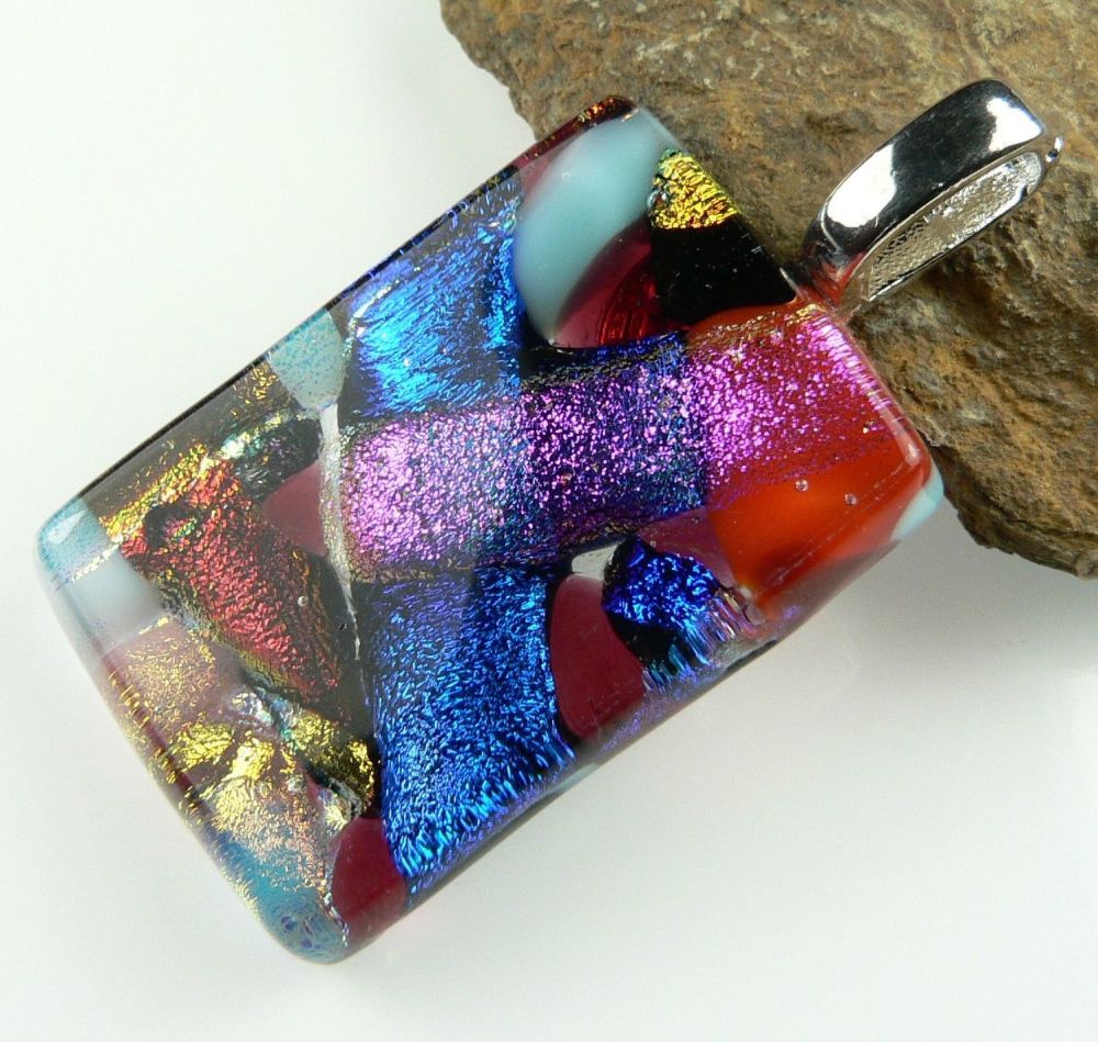 4.3cm multi-coloured Dichroic glass pendant, with leather cord & gift box (#9016)