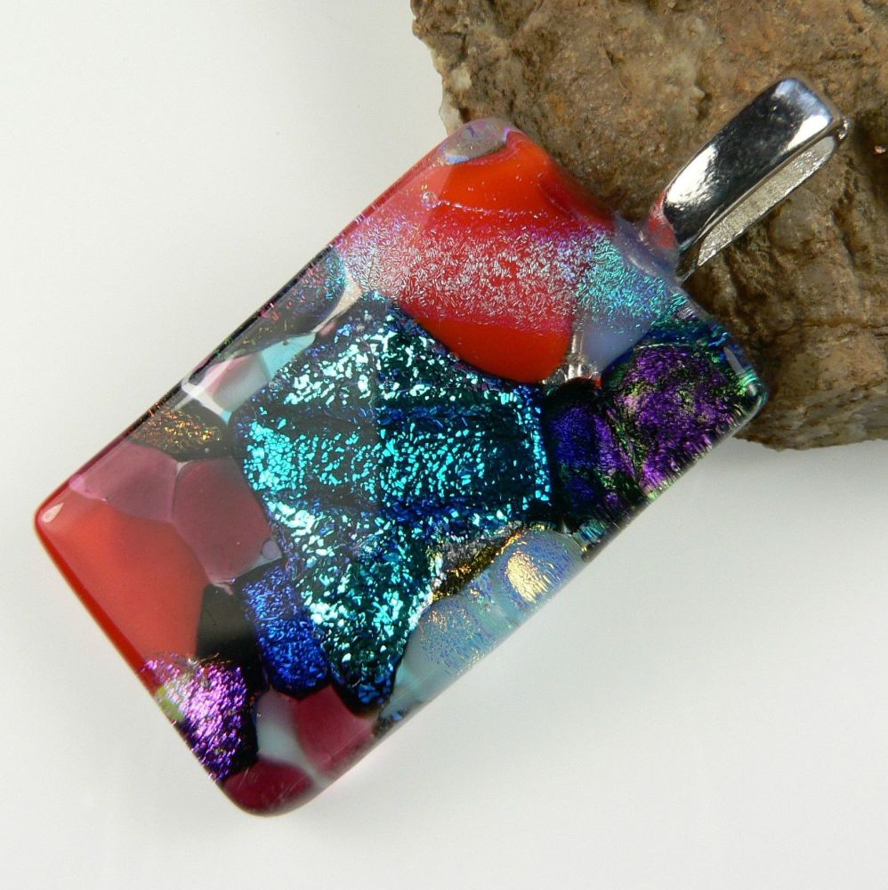 4.3cm multi-coloured Dichroic glass pendant, with leather cord & gift box (#9039)