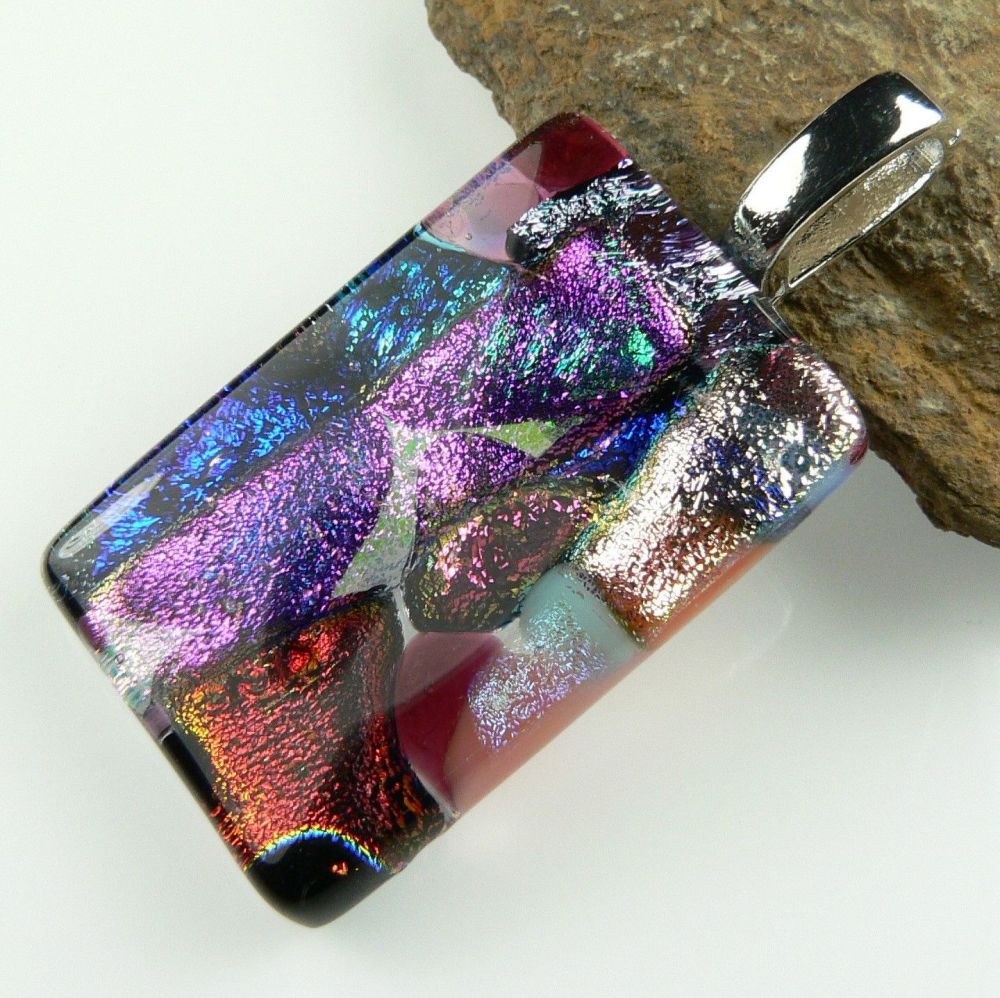 4.2cm multi-coloured Dichroic glass pendant, with leather cord & gift box (#9046)