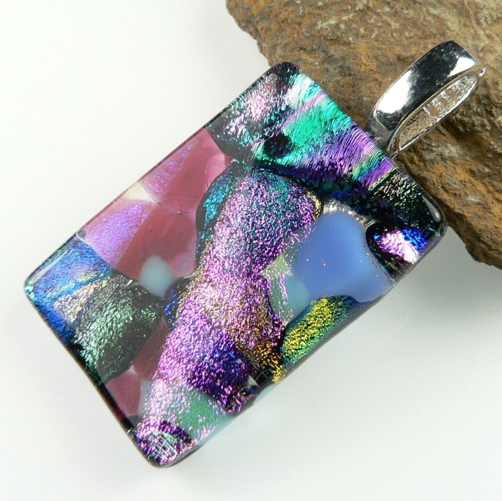 4.1cm multi-coloured Dichroic glass pendant, with leather cord & gift box (#9053)