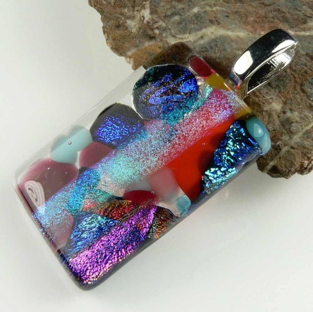 4.2cm multi-coloured Dichroic glass pendant, with leather cord & gift box (#9110)