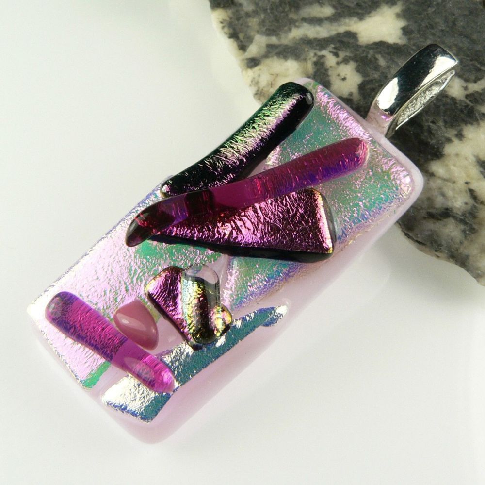 4.8cm pink textured Dichroic glass pendant, with leather cord