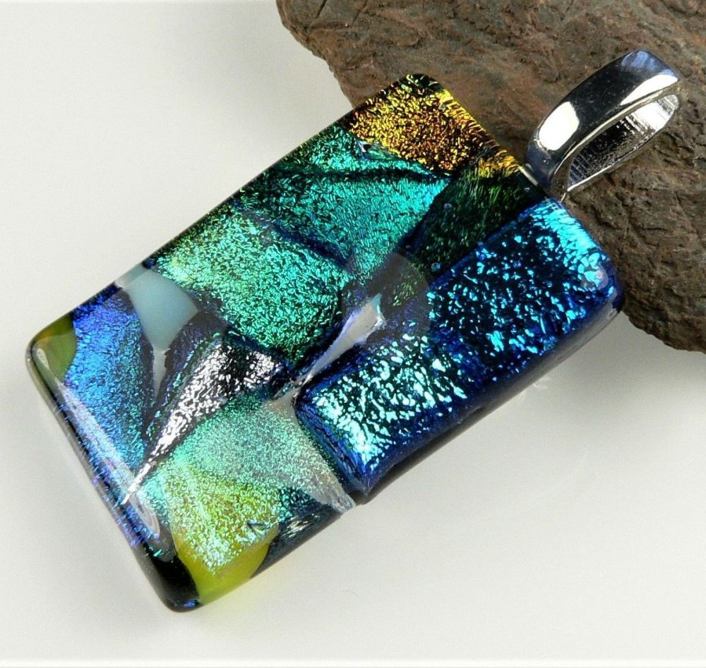 4.2cm multi-coloured Dichroic glass pendant, with leather cord & gift box (#9111)