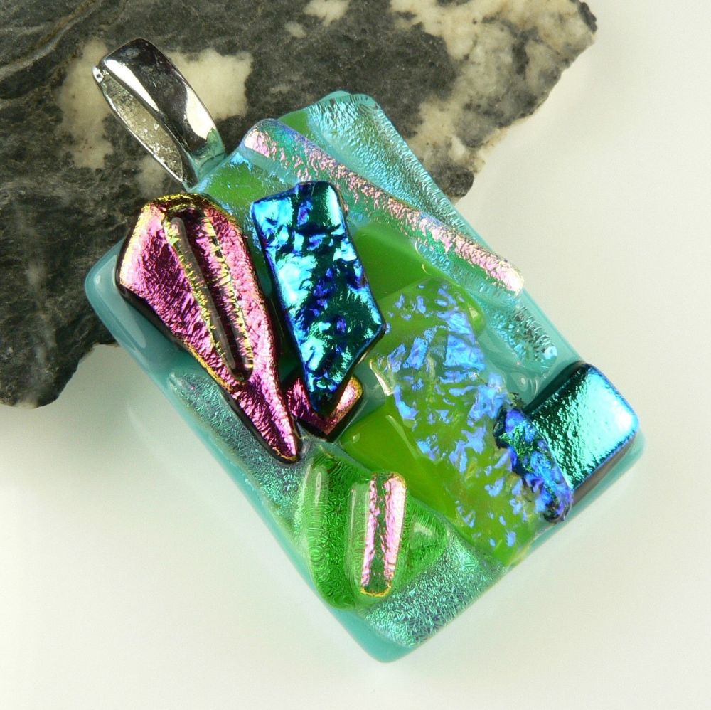 4.3cm multi-coloured textured dichroic glass pendant, with leather cord & gift box (#30246)