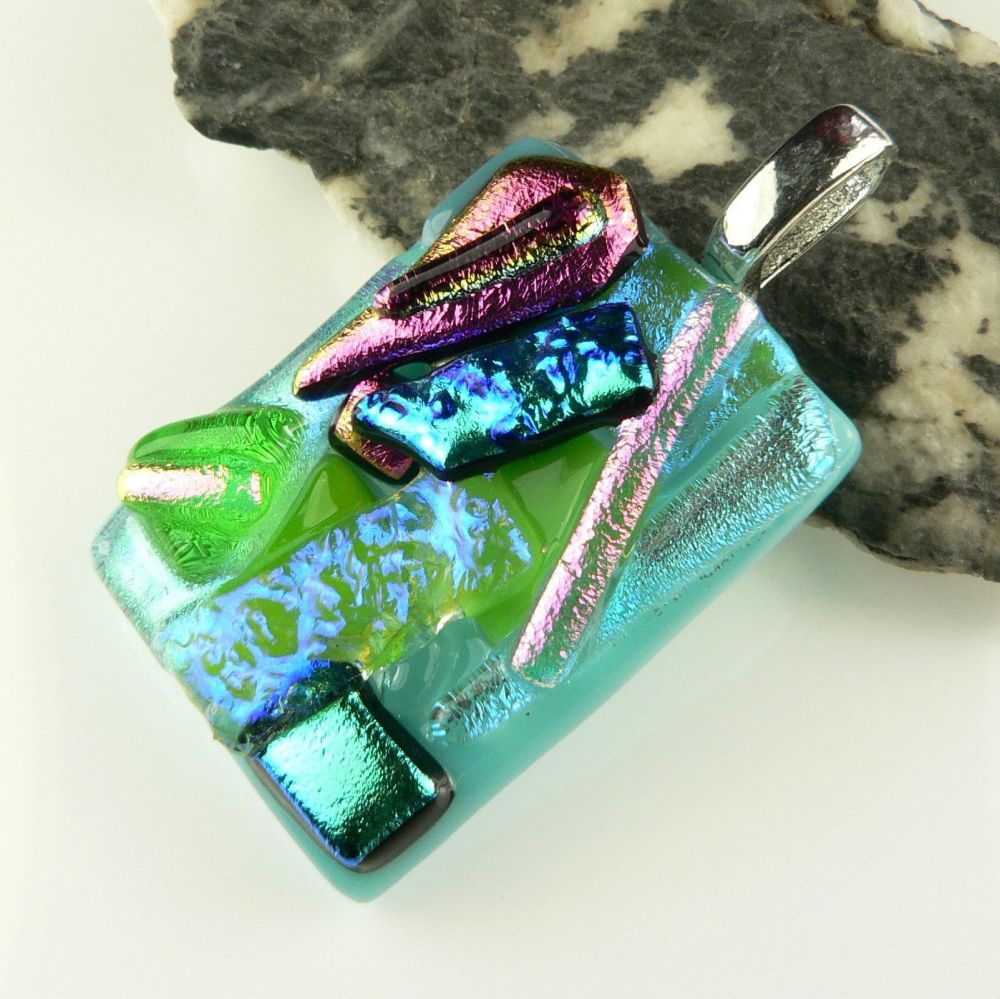 4.3cm multi-coloured textured dichroic glass pendant, with leather cord