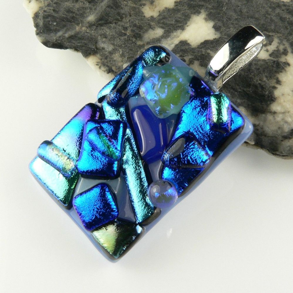 4.1cm blue textured Dichroic glass pendant, with leather cord