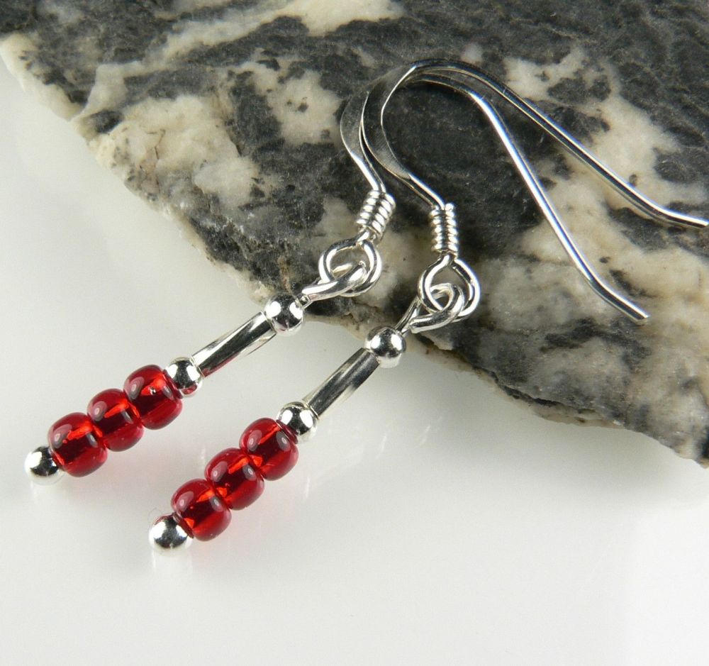 Sterling silver & Toho glass seed bead drop earrings in a gift box (#8897 - silver lined ruby)