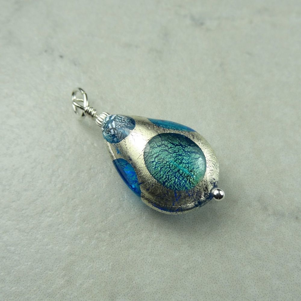 Gold Foil Sapphire Aqua Verde Murano glass pear drop pendant