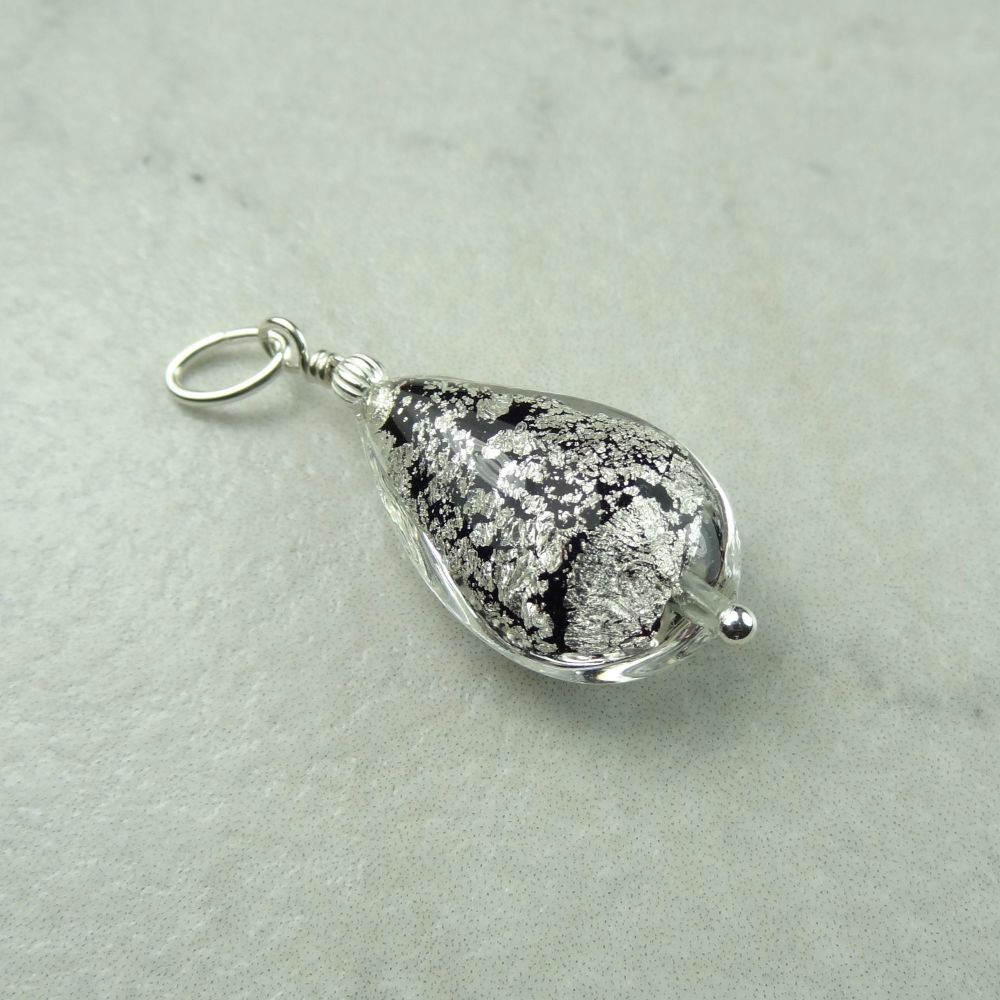 20x14x8mm (+/-) genuine Murano glass pear drop & sterling silver pendant, with/out a chain, in a gift box - Crackle White Gold Foiled Black