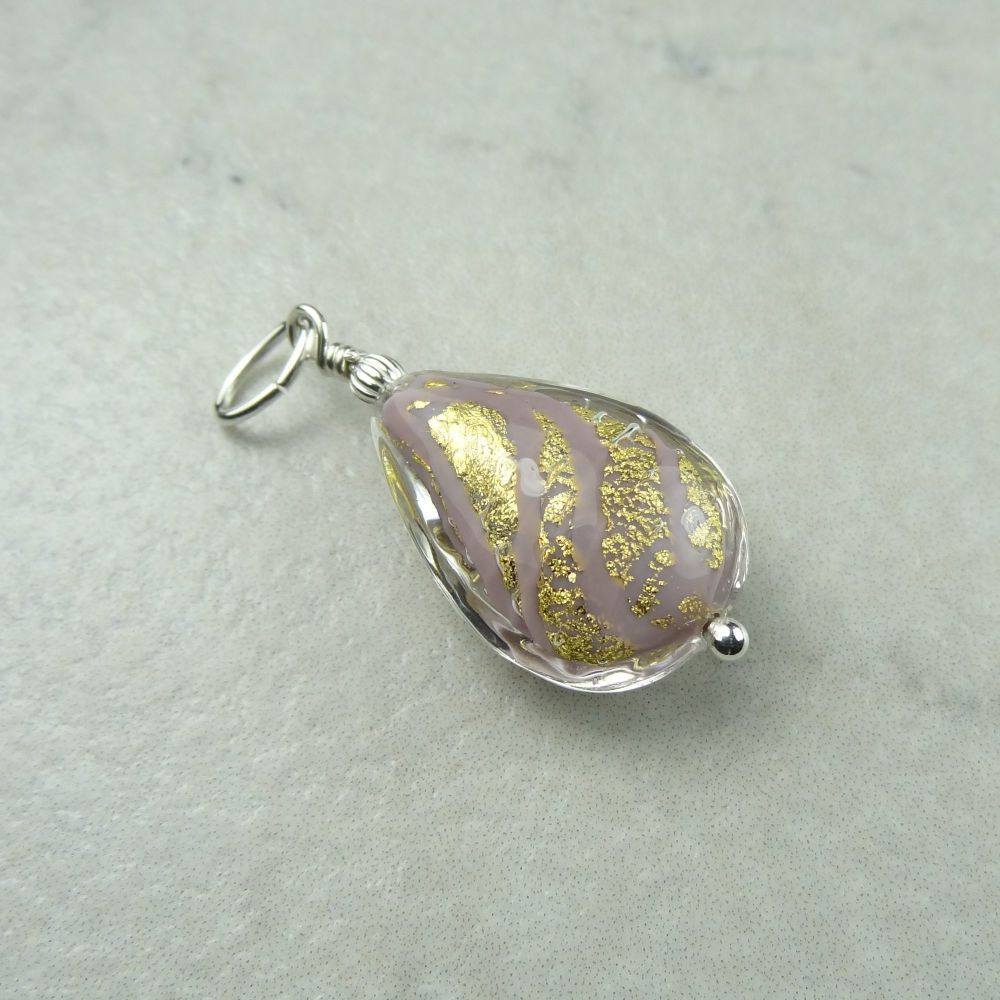 Opaque Light Amethyst 24k Gold Foiled Murano glass pear drop pendant