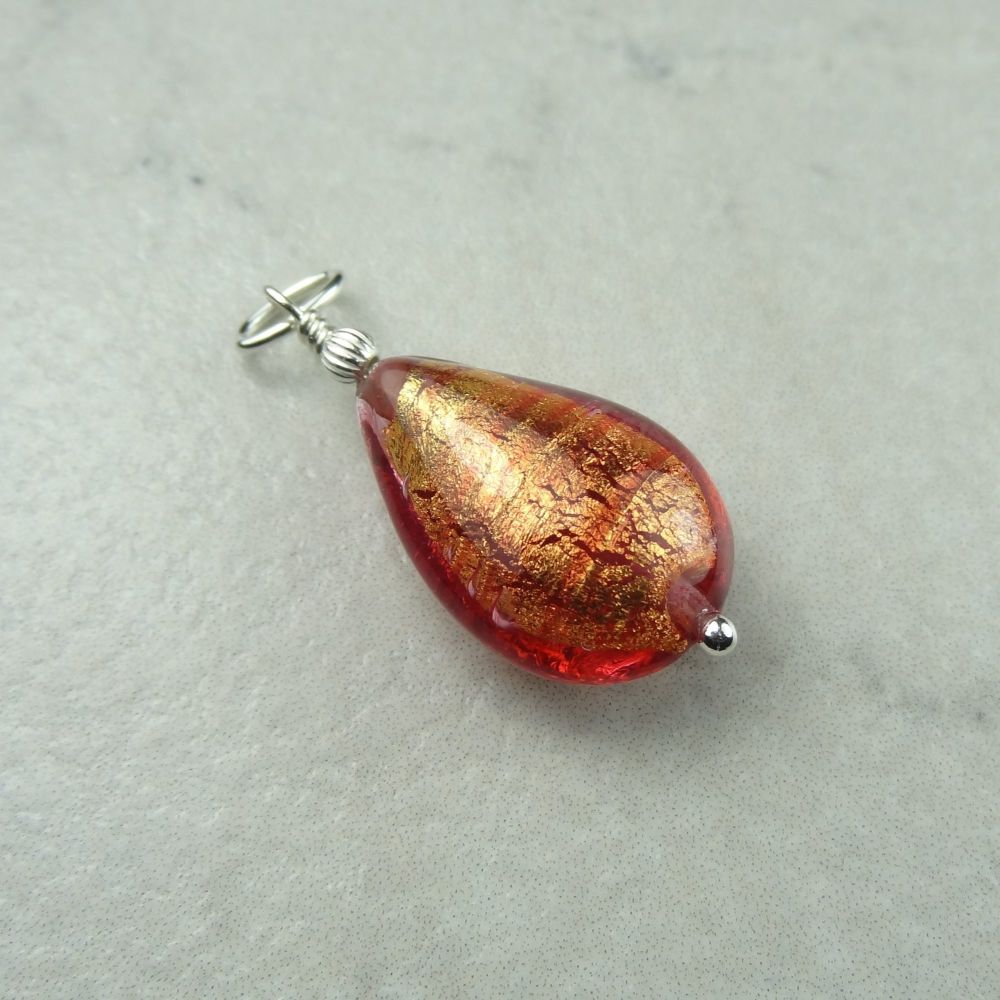 20x14x8mm (+/-) genuine Murano glass pear drop & sterling silver pendant, with/out a chain, in a gift box - Rose Gold Foiled