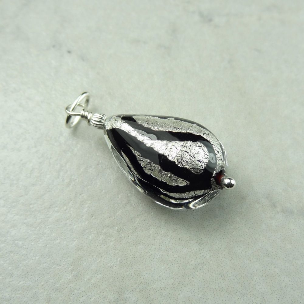 White Gold Black/Brown Drizzle Murano glass pear drop pendant